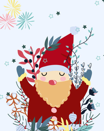 Happy Santa Claus with winter flowers, berries, garland, fireworks. Banner with funny cartoon character. Concept Christmas and New Year. Vector.のイラスト素材