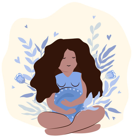 Happy pregnant woman sits and holds her belly with nature background. Concept motherhood, health and pregnant. Flat vector illustration.のイラスト素材