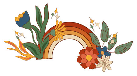 Positive hippie composition 70s, with colorful rainbow, flowers and leaves. Psychedelic groove elements. Perfect for greeting cards, poster, postcard, banner. Vectorのイラスト素材