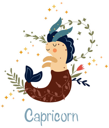 Capricorn Zodiac sign with colorful leaves and stars around. Capricorn perfect for posters, logo, cards. Astrological Capricorn zodiac. Vector illustration.のイラスト素材