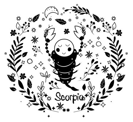 Black and white Scorpio Zodiac in a colorful wreath of leaves, flowers and stars around. Astrological Scorpio zodiac perfect for posters, logo, cards. Vector illustration.のイラスト素材