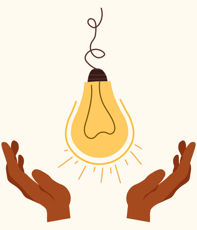 A light bulb as a symbol of creating a brilliant business idea, finding solutions, understanding. Light bulb in human hands. Can be used as a logo. Vector illustrationのイラスト素材