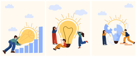Joint work in search of new business ideas. People put together a light bulb puzzle. A light bulb as a symbol of starting your business and achieving your goals. Business concept. Vector .のイラスト素材