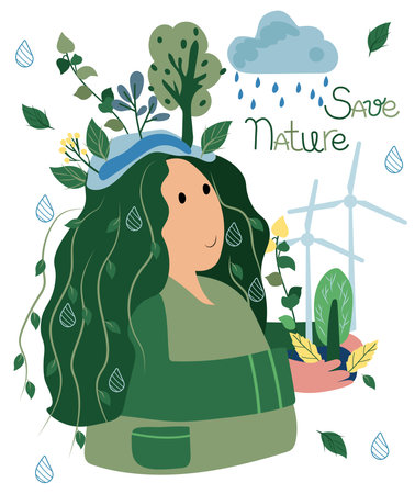 Green planet. A woman is thinking about how to save the planet. The concept of environmental ecology, lifestyle, green energy. Happy earth day. Suitable for posters, cards, logos, banners. Vector.のイラスト素材