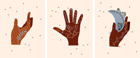 Boho style posters with mystical hands holding the moon. The magical symbol of the moon. Celestial posters are ideal for banners, posters, postcards. Vector illustrationのイラスト素材