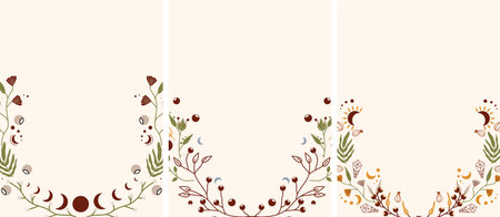 Vector set of posters with mystical leaves, flowers, moon, stars. Celestial design with space for your text suitable for posters, banners, cosmetics, spa. Bohemian posters. Vector illustrationのイラスト素材