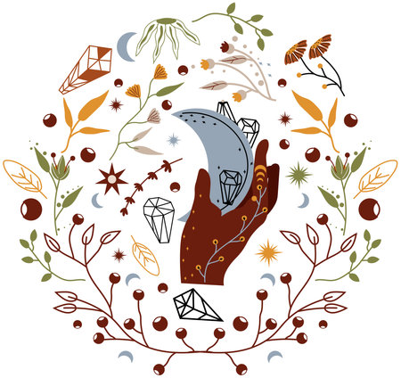 Boho composition with a mystical hand holding the moon, flowers, leaves, stars. Celestial designs are suitable for posters, banners, cosmetics, spa. Vector illustrationのイラスト素材