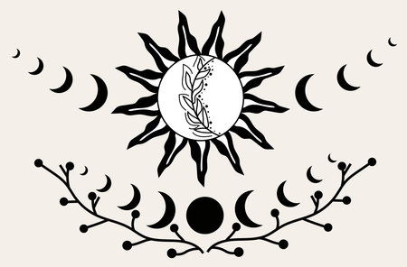Esoteric elements of mystical astrology. Magical minimalistic moon on a beige background. The magical symbol of the moon. Black and white composition for your design. Vector illustrationのイラスト素材