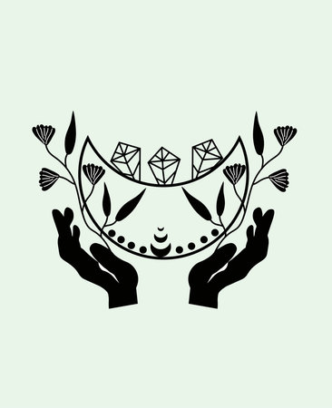 Esoteric elements of mystical astrology. Celestial moon with female hands. Black and white magic composition is perfect for posters, flyers, banners. Minimalistic design. Vector illustrationのイラスト素材