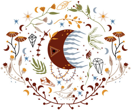 A boho composition with a celestial moon and a colorful wreath with magical flowers, leaves, mystical crystals and more. A charming floral compositions is ideal for cards, posters, flyers, bannersのイラスト素材