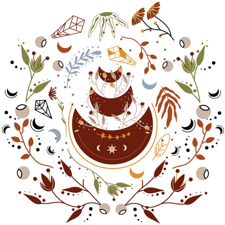 A boho composition with a celestial moon and a colorful wreath with magical flowers, leaves, mystical crystals and more. A charming floral compositions is ideal for cards, posters, flyers, bannersのイラスト素材