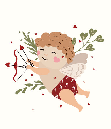 Cute cupid with arrow for valentines day with leaves around. Funny cupid as a symbol of love. The concept of St. Valentine Cupid for greeting cards, posters, banners. Vector.のイラスト素材
