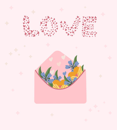 Banner for St. Valentine with a postcard, flowers, leaves, an inscription and hearts in a circle. Minimalist postcards for February 14. Composition for greeting cards, posters, banners. Vectorのイラスト素材