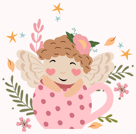 A cute little cupid sitting in a cup, surrounded by leaves, flowers and stars. A little angel as a symbol of love. Day of St. valentine Composition for greeting cards, posters, banners. Vectorのイラスト素材
