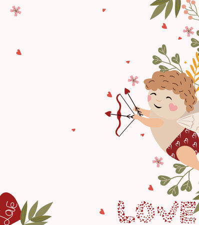 Banner for St. Valentine with Cupid shooting from a bow, flowers, leaves and hearts around. A little angel as a symbol of love. Composition for greeting cards, posters, banners. Vector illustrationのイラスト素材