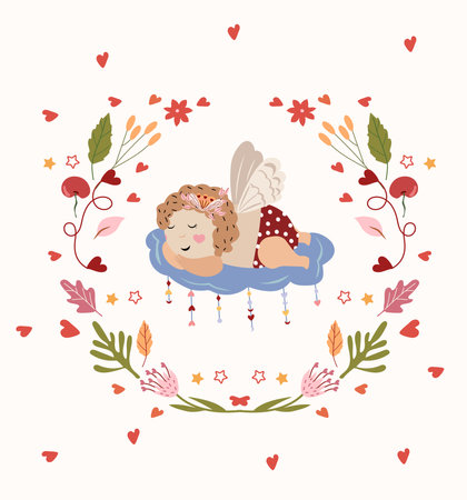 Cute cupid for valentines day with leaves and flowers around. Dreamy cupid as a symbol of love. February 14 is the day of St. valentine. Cupid for greeting cards, poster, banner. Vectorのイラスト素材