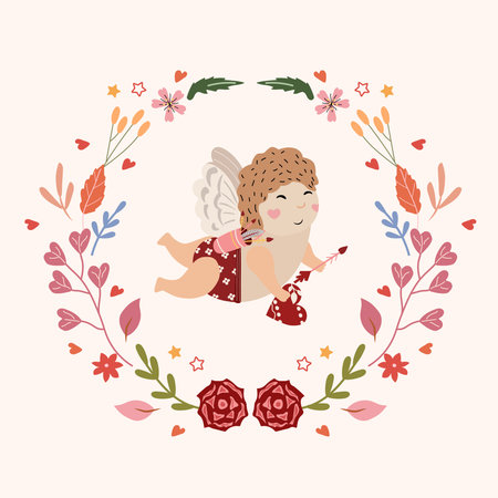Cute cupid holding arrows, leaves and flowers around. A little angel as a symbol of love. Concept of holiday, love. Composition for greeting cards, posters, banners. Vectorのイラスト素材