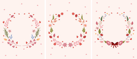 Beautiful greeting cards with wreaths of flowers, leaves and hearts in a around. Bright illustrations for greeting cards, invitations to weddings, birthdays and others. Vector.のイラスト素材