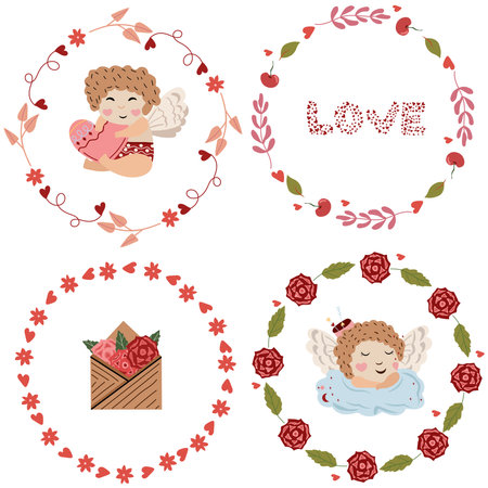 Beautiful compositions with flower wreaths and a cute cupid, a postcard with roses, I love the inscriptions. Bright illustrations for greeting cards, posters, banners. Vector.のイラスト素材