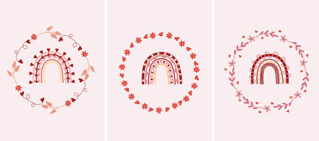Beautiful compositions with flower wreaths and bright rainbows in the middle. Bright illustrations for greeting cards, posters, banners, invitations to weddings, birthdays, etc. Vector.のイラスト素材