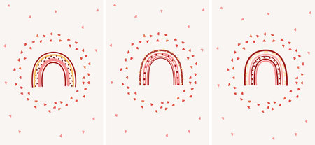 A beautiful postcard with a bohemian rainbow and hearts around. Romantic day of St. Valentine Bright illustrations for greeting cards, posters, banners, etc. Vector.のイラスト素材