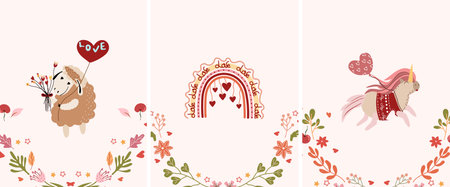 Beautiful compositions with bright flower wreaths, a cute unicorn, a sheep holding balloons, a rainbow. Romantic day of St. Valentine Bright illustrations for greeting cards, posters, banners, etcのイラスト素材