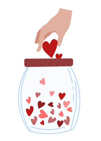 Red hearts in a jar. The concept of goodness, love, support. Charity and donations. Bright illustrations for thank you cards, mothers day, care, greeting cards and more.Vector.のイラスト素材