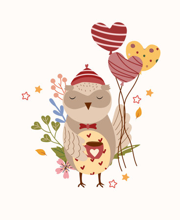 A beautiful composition with a sleepy owl holding a cup and balloons. Bright illustrations for thank you cards, birthdays, posters, banners, etc. Vector.のイラスト素材
