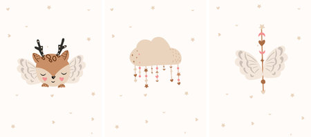 Boho set of beautiful compositions with pastel cloud, cute deer, wings. Pastel illustrations for cards, birthday, childrens room, posters, banners, etc. Vector.のイラスト素材