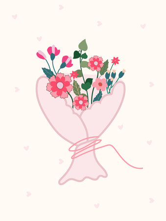 A bright postcard with a bouquet of spring flowers. A floral arrangement for celebrating a birthday, wedding, mothers day, spring, etc. Vector illustration.のイラスト素材