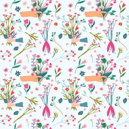 Seamless pattern with a hand giving a bouquet of wild flowers, berries, leaves, hearts around. Floral pattern can be used as textile, fabric, wallpaper, banner, etc. Vectorのイラスト素材