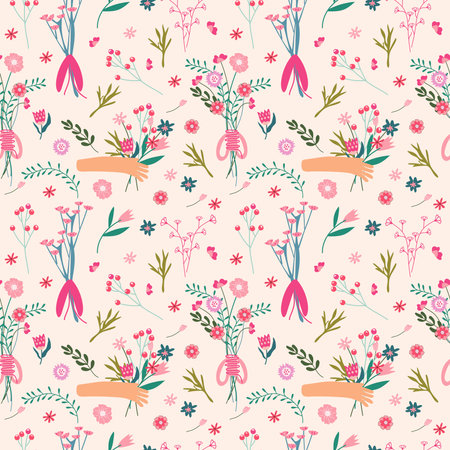 Seamless pattern with a hand holding a bouquet of wild flowers, berries, leaves. Floral pattern can be used as textile, fabric, wallpaper, banner, etc. Vectorのイラスト素材