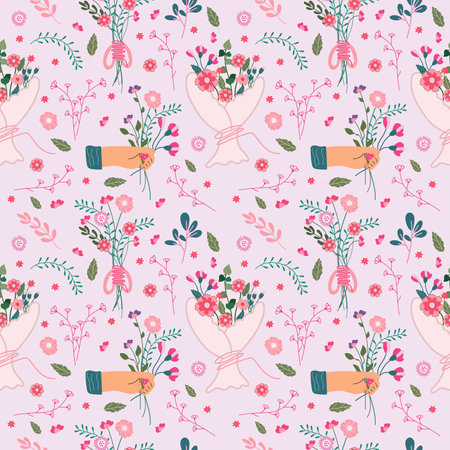 Spring seamless pattern with a hand holding a bouquet of flowers, leaves, bright wildflowers. Spring bloom and luxury. Floral pattern can be used as textile, fabric, wallpaper, banner, etc. Vectorのイラスト素材