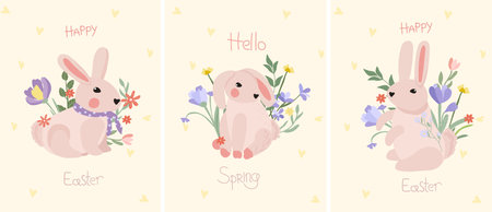 Composition with a cute rabbit, spring flowers, green leaves on the inscription spring. Bright compositions for posters, banners, cards, Easter, spring holidays. Vector graphics.のイラスト素材