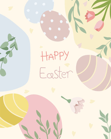 Postcards with colored Easter eggs, spring flowers and leaves in pastel colors. Ideal for banners, invitations, cards, posters, stickers. Vector illustration.のイラスト素材