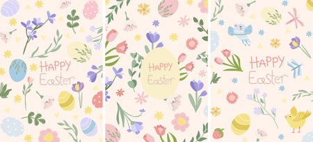 Easter greeting card with colorful, bright Easter eggs, bird, spring flowers and leaves. Bright illustrations are ideal for banners, cards, posters, stickers. Vector illustration.のイラスト素材