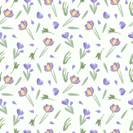Seamless pattern with purple crocuses, green leaves. Spring flowering. Floral pattern can be used as textile, fabric, wallpaper, banner, etc. Vector.のイラスト素材
