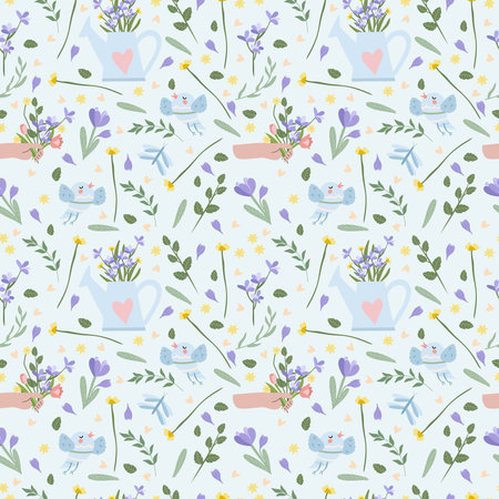 Spring seamless pattern with various flowers in a watering can, a hand holding a bouquet, a bird, hearts. Floral pattern can be used as textile, fabric, wallpaper, banner, etc. Vectorのイラスト素材