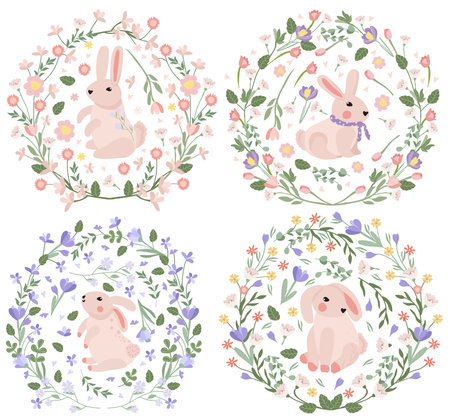 Bright compositions with a cute rabbit, a wreath of flowers, leaves, hearts. Spring-summer flowering. Flowers of chamomile, lavender, crocuses, tulips. Vector graphics.のイラスト素材