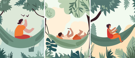 Individuals lounging in beach hammocks,enjoying summer retreats and outdoor gatherings.Relishing leisure moments or staying productive in comfortable hanging swings,embraced by the picturesque nature.のイラスト素材