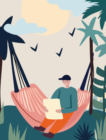 People reclining in coastal hammocks, savoring sunny and read books and alfresco . Delighting in downtime or maintaining efficiency while nestled in snug suspended seats. Vector.のイラスト素材