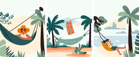 Individuals lounging in beach hammocks,enjoying summer retreats and outdoor gatherings.Relishing leisure moments or staying productive in comfortable hanging swings,embraced by the picturesque nature.のイラスト素材