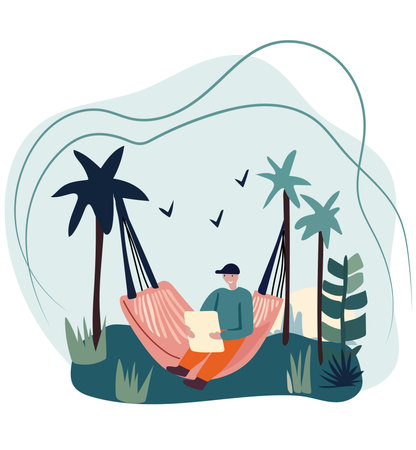 People reclining in coastal hammocks, savoring sunny and read books and alfresco . Delighting in downtime or maintaining efficiency while nestled in snug suspended seats. Vector.のイラスト素材