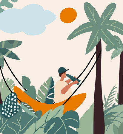 Young man lounging in beach hammocks, enjoying summer retreats and look through binoculars. Relishing leisure moments or staying productive in comfortable hanging swings. Vector.のイラスト素材
