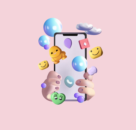 Innovative 3D concept for a virtual social networking platform. Mobile phone with volumetric icons, emojis, comments, hearts, thumbs-up. Concept communication applications. Vector illustration.のイラスト素材