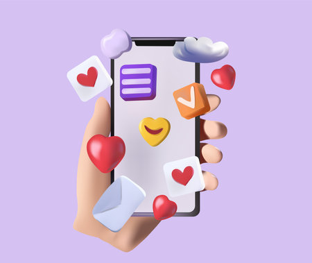 Innovative 3D concept for a virtual social networking platform. A hand grasps a smartphone displaying various interactive icons, emojis, comments, hearts, cloud.Concept communication applications.のイラスト素材