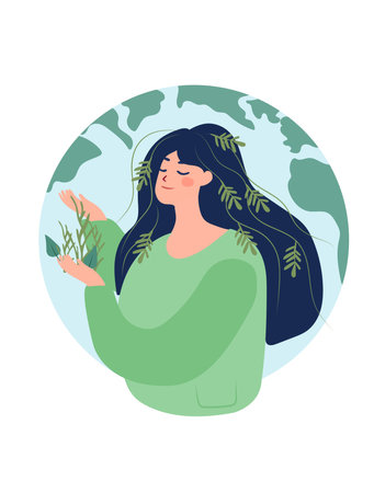Hands cradling the plants, expressing a profound respect and care for Mother Nature. Concept signifying environmental challenges and the importance of protecting the Earth. Vector.のイラスト素材