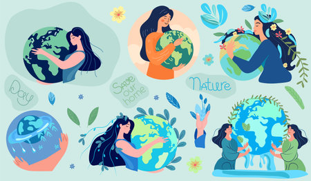 Hands cradling the globe, expressing a profound respect and care for Mother Nature. A visual representation of the pressing issues of global warming and climate alteration. Vector.のイラスト素材
