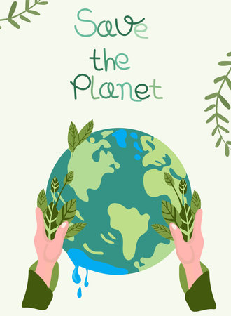 Hands cradling the globe, embodying the essence of environmental stewardship. A concept signifying environmental challenges and the importance of protecting the Earth. Vector.のイラスト素材