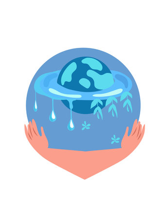Hands cradling the globe, embodying the essence of environmental stewardship.Concept signifying environmental challenges and the importance of protecting the Earth.World water day design illustration.のイラスト素材